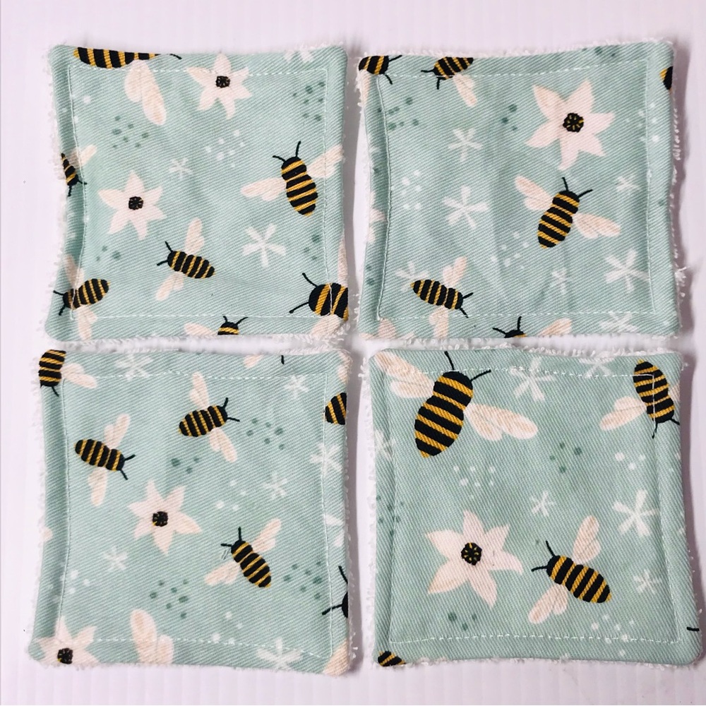 Reusable Set of Four 3.25” Honey Bees Cotton with Terry Cloth Makeup Removers